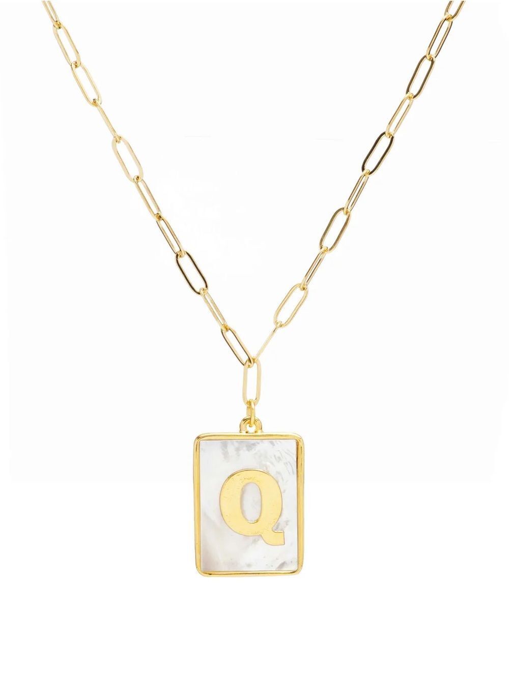 Gold Q Rectangle Pendant Paperclip Necklace with Mother-of-Pearl by Mayamar